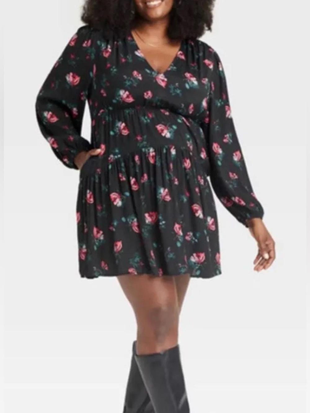 A New Day Women's 3X Floral Print Long Balloon Sleeve V-Neck Mini Dress NWT